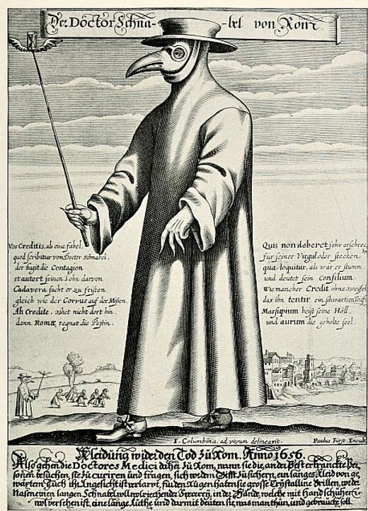 Иллюстрация, показывающая, как средневековые врачи защищали себя для лечения пациентов, страдающих от чумы.