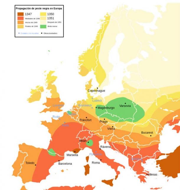 Распространенность эпидемии «Черная смерть» в Европе в середине четырнадцатого века