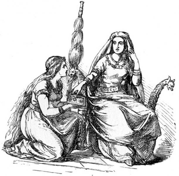 Фригг и одна из ее служанки, предположительно Фулла. (1865) Людвиг Питч.