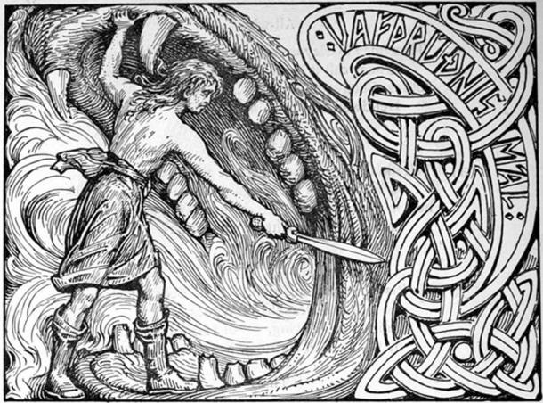 Бог Висарр стоит в челюсти Фенрира и качает меч.